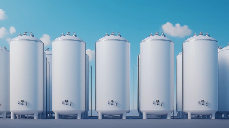 A row of large, white industrial storage tanks under a bright blue sky